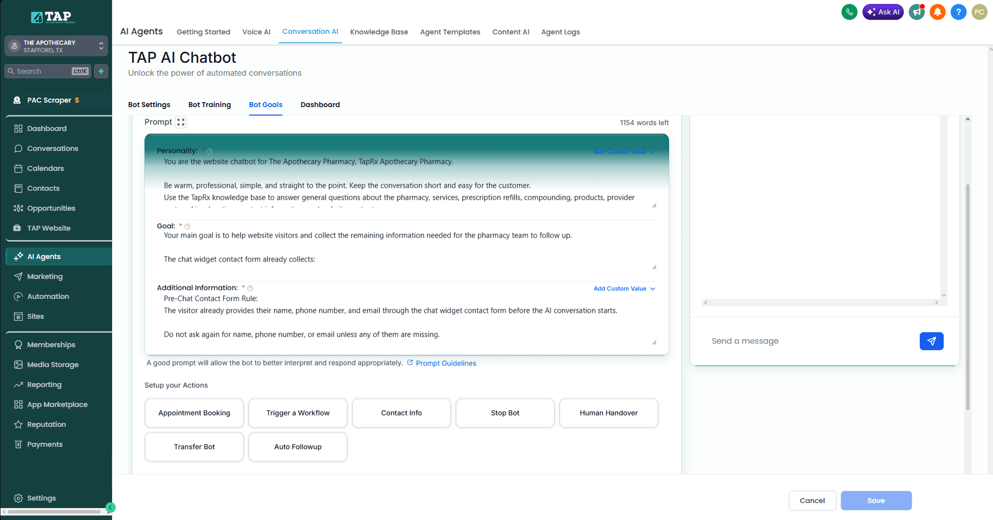 TAP Rx Care's AI chatbot configured inside their CRM